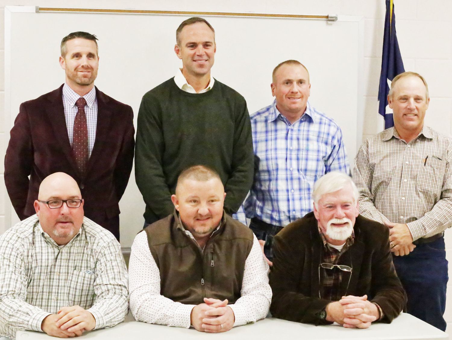 The Alba-Golden School Board constituted Dec.14. Standing, from left, Board President Jason Stovall, Grant Sadler, Randall Cole, Brad Lennon; and seated, Dwayne Thompson, Chad Dailey and Mike Ragsdale.